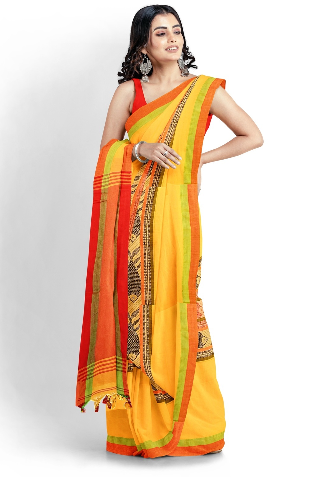 Yellow Red Pure Cotton Marine Hand Loom Saree (1279)